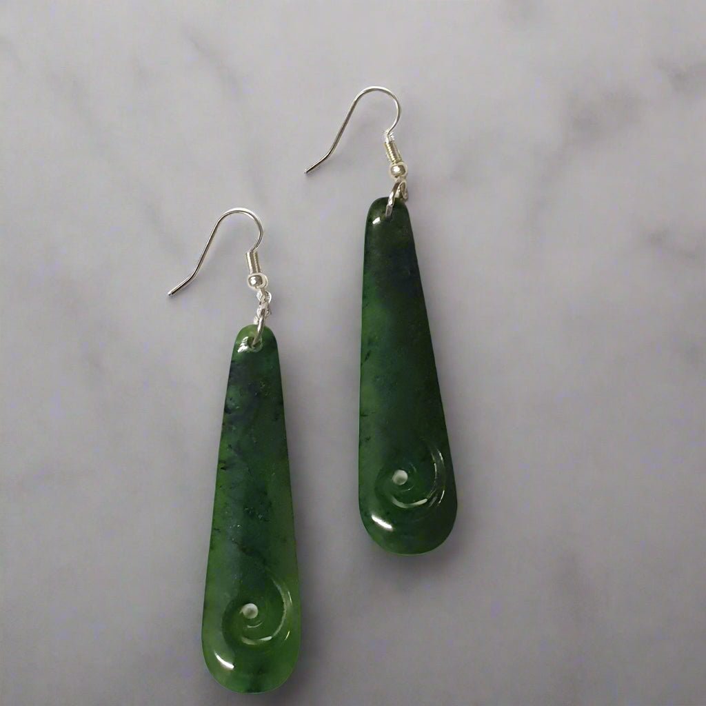 NZ Green Stone - Drop Earring 1 Koru 60mm KIWIANA at World Of Decor NZ