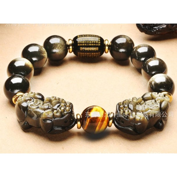 Wealth Bracelet Gold Obsidian Pixiu, Bead With Mantra & Tiger Eye 12mm at World Of Decor NZ