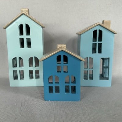 10,15,18cm S/3 Tealite Houses With Tealites - Blue Candle,Tealight & Incense Holders at World Of Decor NZ