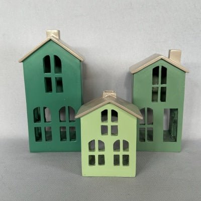 10,15,18cm S/3 Tealite Houses With Tealites - Green Candle,Tealight & Incense Holders at World Of Decor NZ