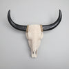 Decorative bull skull with large black horns on a gray background
