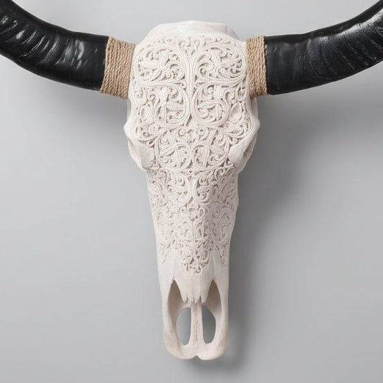 Bull skull with large horns wall hanging
