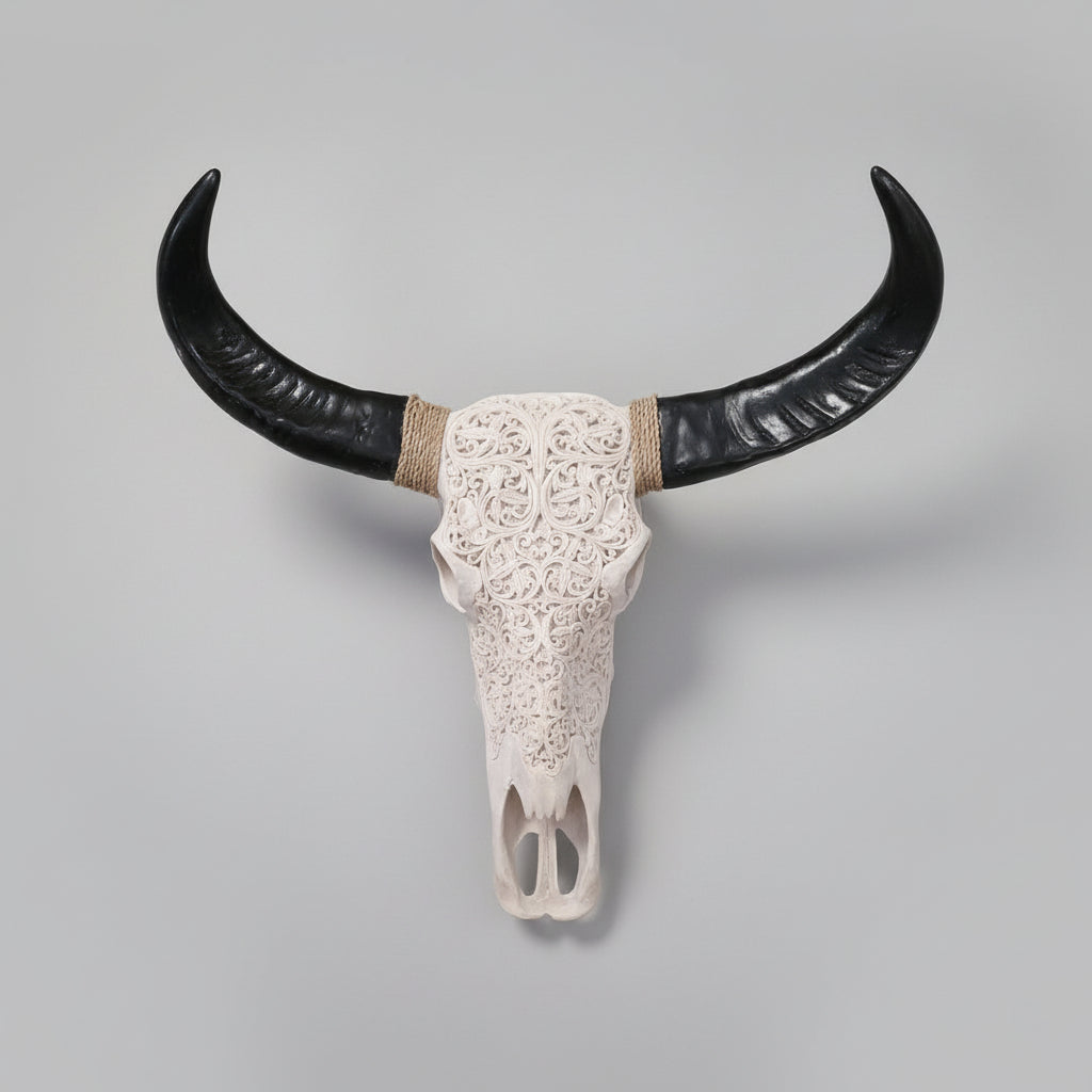 Decorative bull skull with large black horns wall hanging
