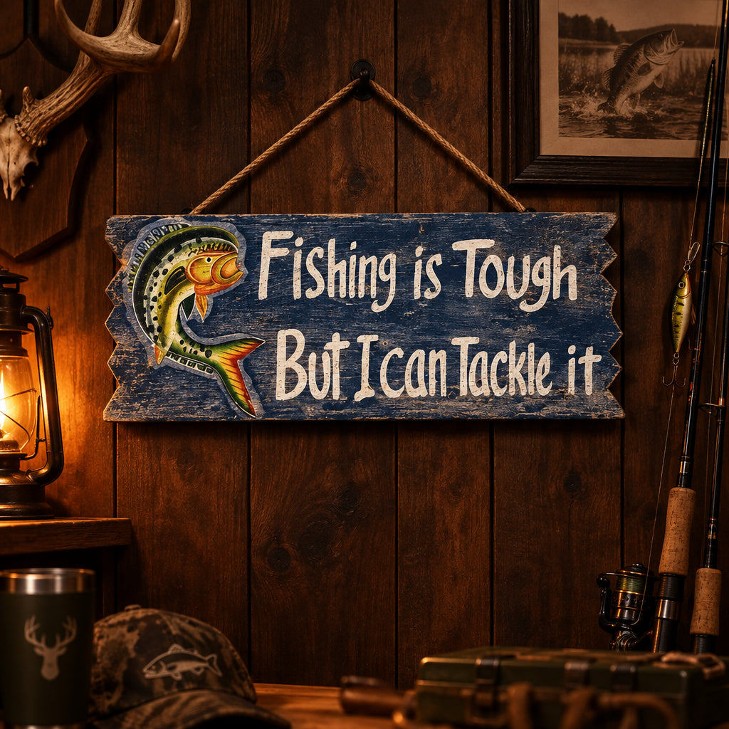 Fishing is tough sign at World Of Decor NZ