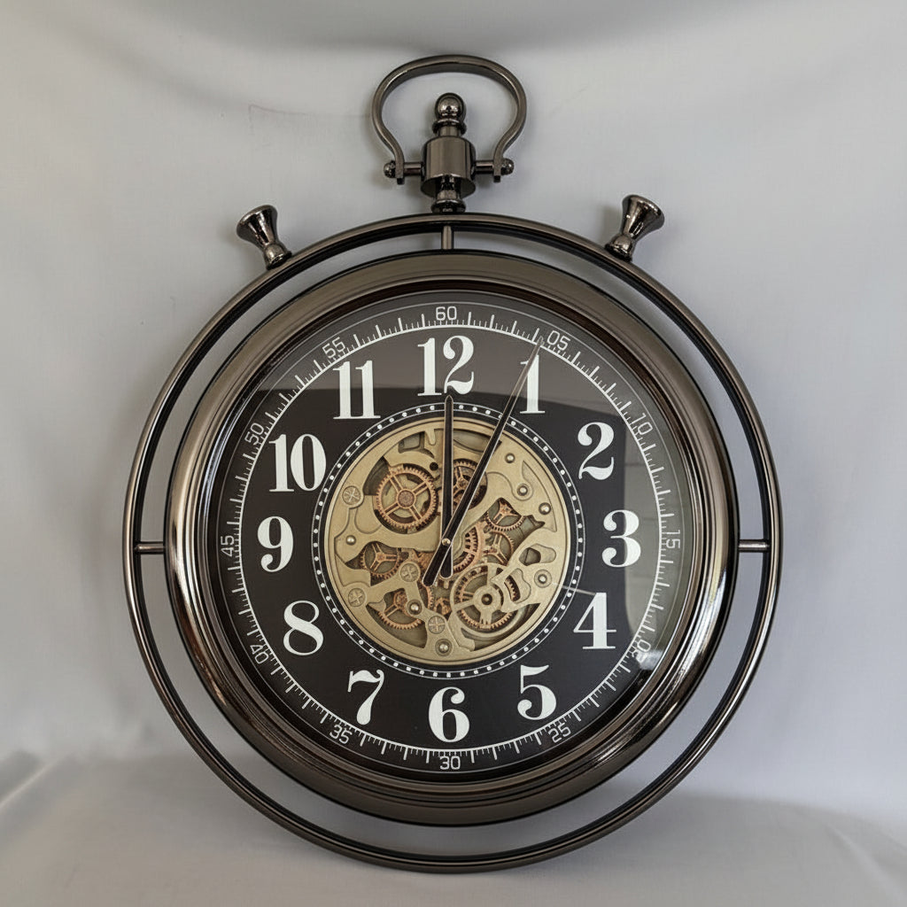 Decorative wall clock with visible mechanical components on a white background
