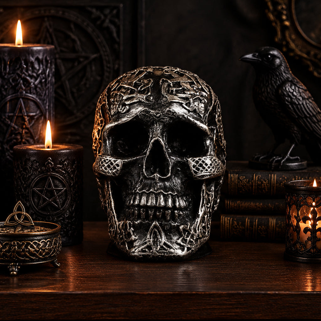 Skull Celtic-Siver/black Poly Resin Figurines & Animals at World Of Decor NZ