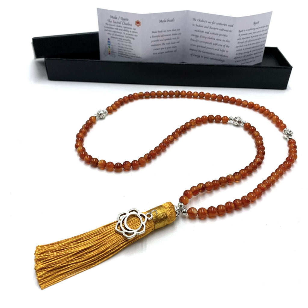 Agate Mala Beads w Sacral Chakra Charm Necklace - 108 Bead* CRYSTAL at World Of Decor NZ