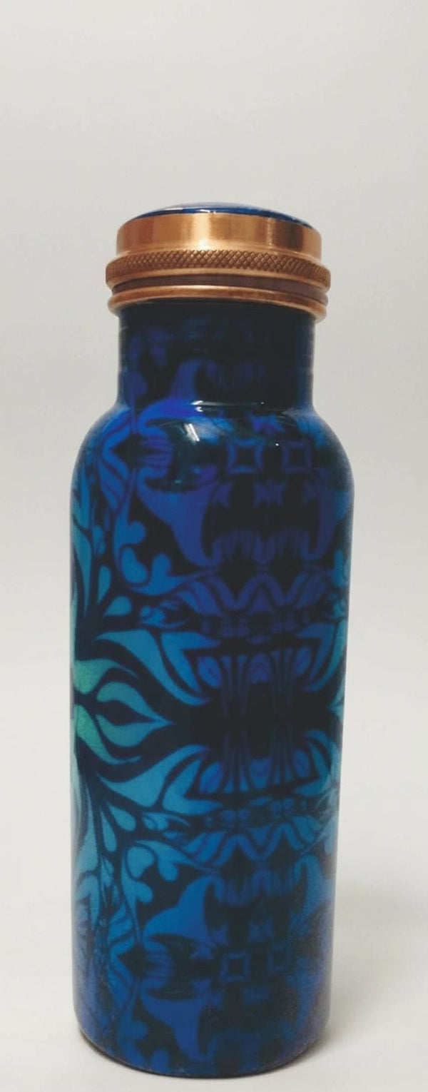 Ayurveda Copper Blue Patterned Bottle 750 ml CRYSTAL BOTTLE at World Of Decor NZ