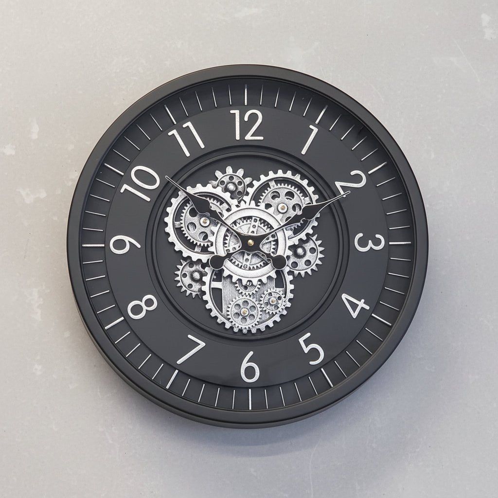 Black And Silver Gear Clock 46cm CLOCK at World Of Decor NZ