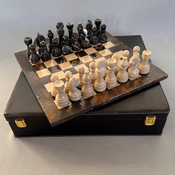 Espresso/Cream Marble Chess Set with case 40cm Game at World Of Decor NZ