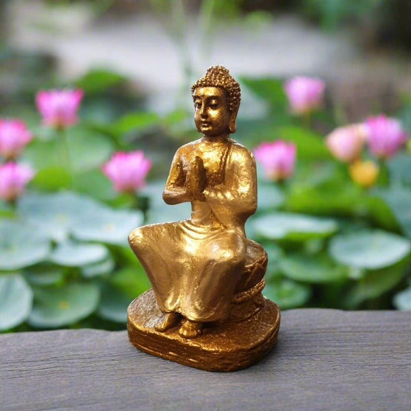 Greeting Buddha Sitting on Lotus Stand Gold Poly Resin Buddhas at World Of Decor NZ