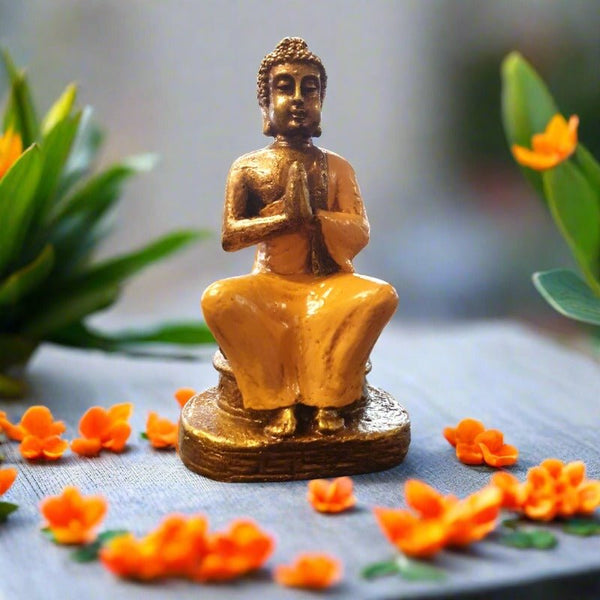 Greeting Buddha Sitting on Lotus Stand Orange - Buy 1 get 1 FREE Poly Resin Buddhas at World Of Decor NZ