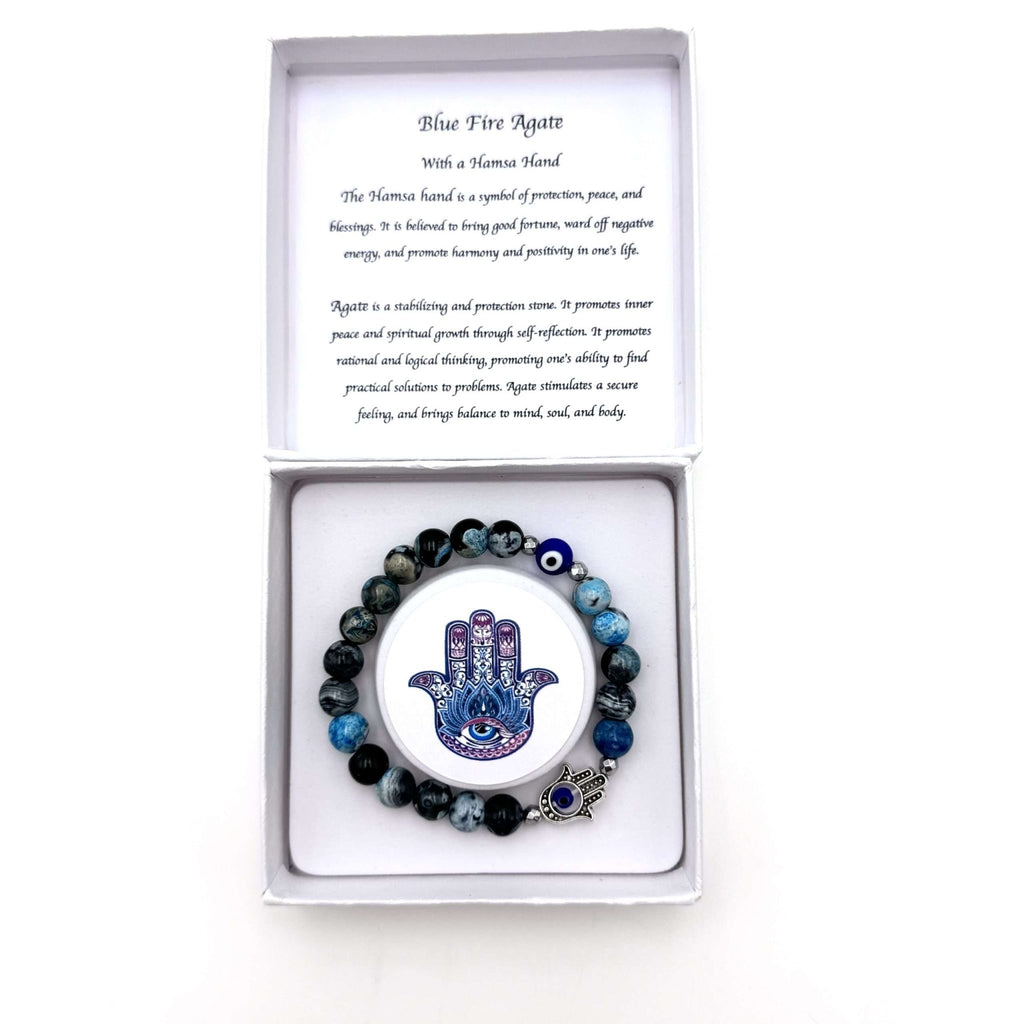 Hamsa Evil Eye Bracelet - Blue Fire Agate CRYSTAL at World Of Decor NZ