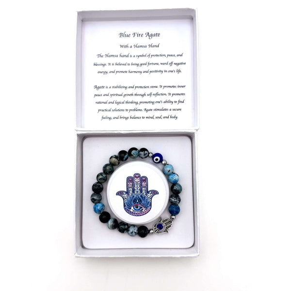 Hamsa Evil Eye Bracelet - Blue Fire Agate CRYSTAL at World Of Decor NZ
