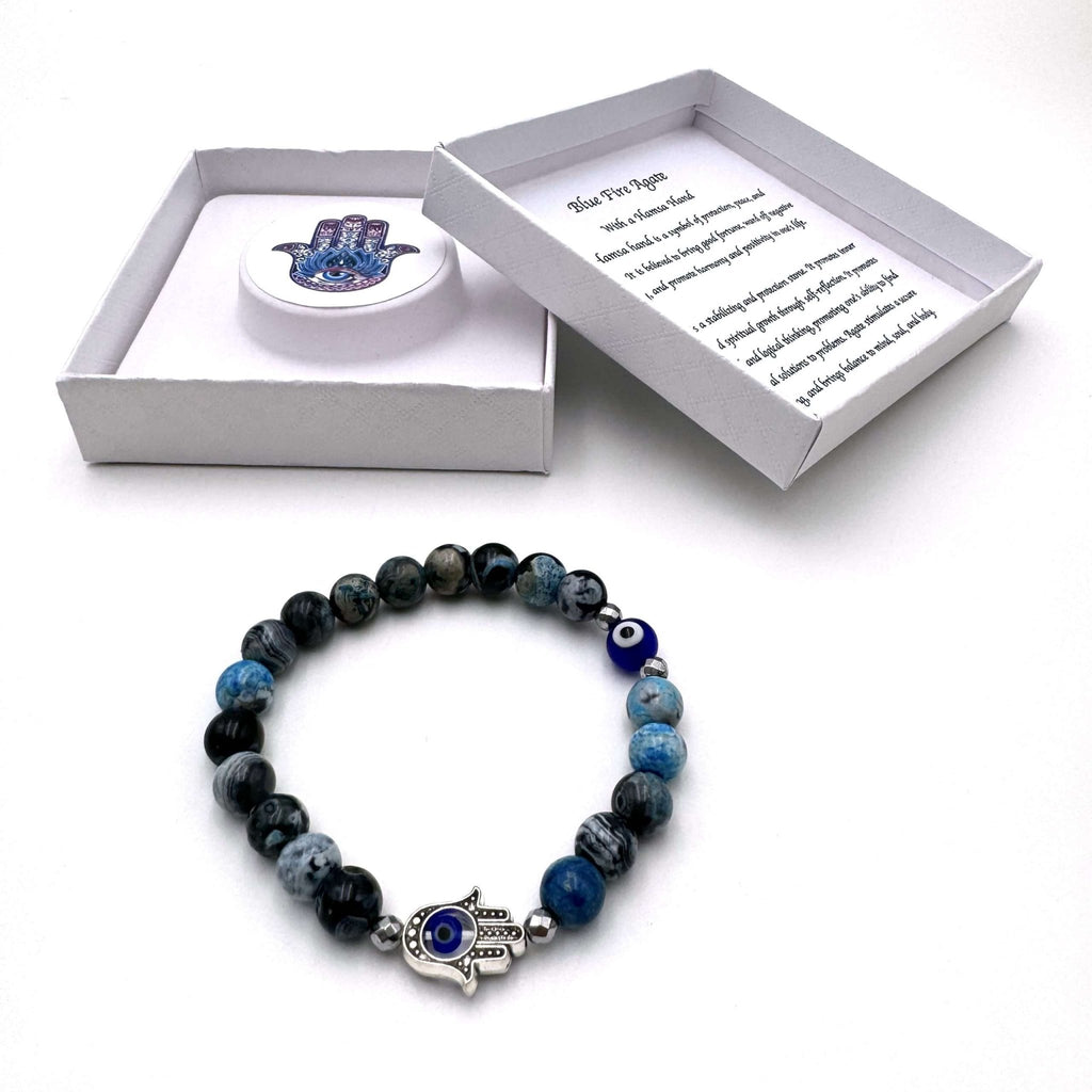 Hamsa Evil Eye Bracelet - Blue Fire Agate CRYSTAL at World Of Decor NZ