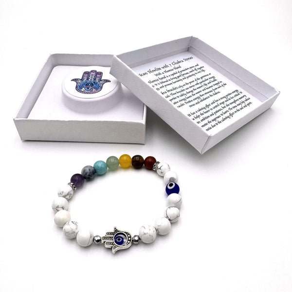 Hamsa Evil Eye Bracelet - White Howlite w Chakra Stones CRYSTAL at World Of Decor NZ