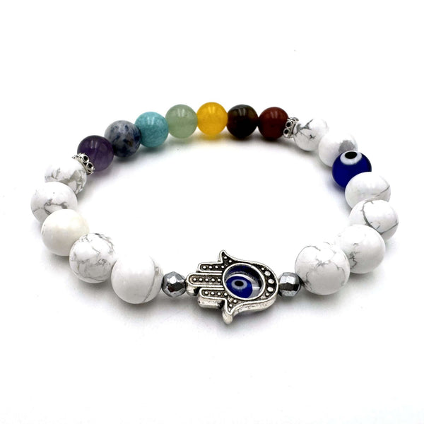 Hamsa Evil Eye Bracelet - White Howlite w Chakra Stones CRYSTAL at World Of Decor NZ