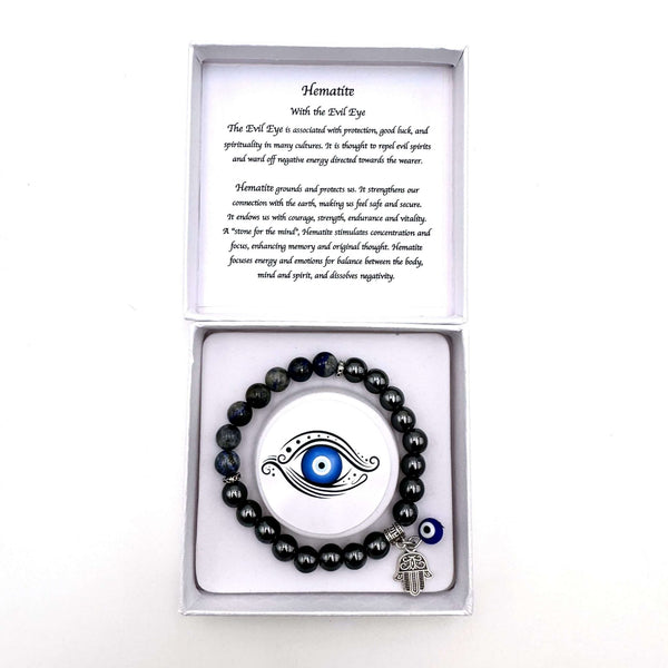 Hamsa Evil Eye Charm Bracelet - Hematite CRYSTAL at World Of Decor NZ