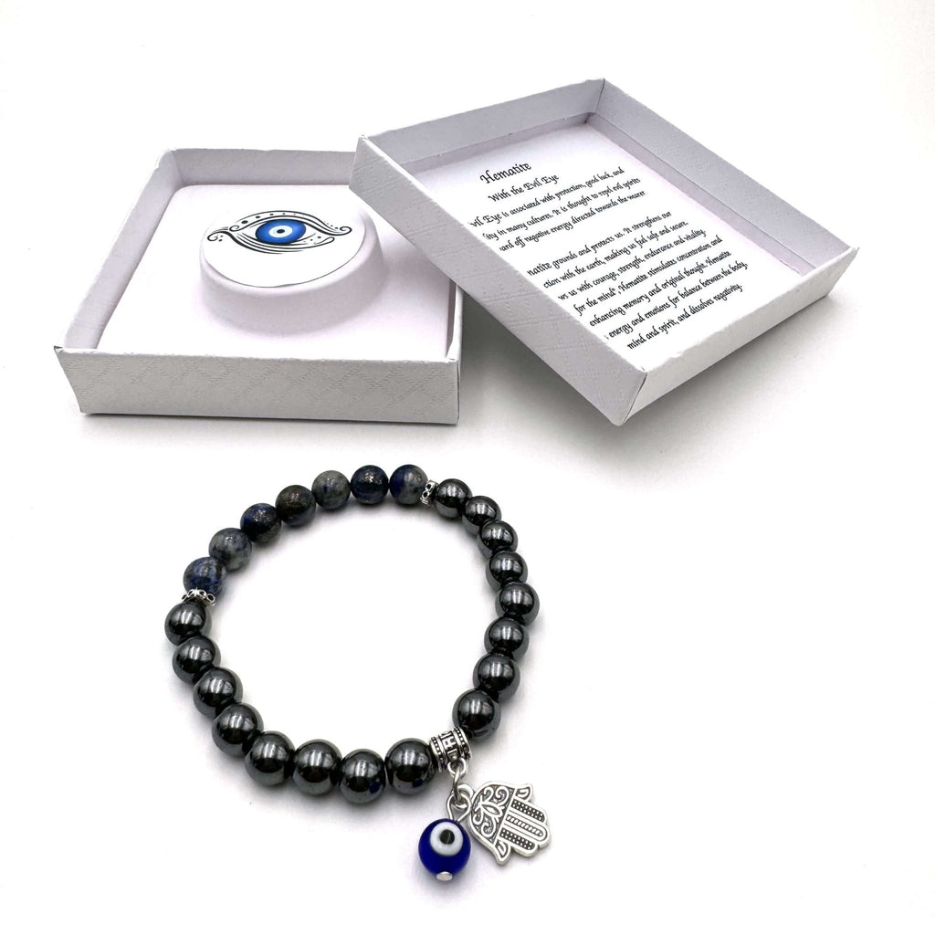 Hamsa Evil Eye Charm Bracelet - Hematite CRYSTAL at World Of Decor NZ