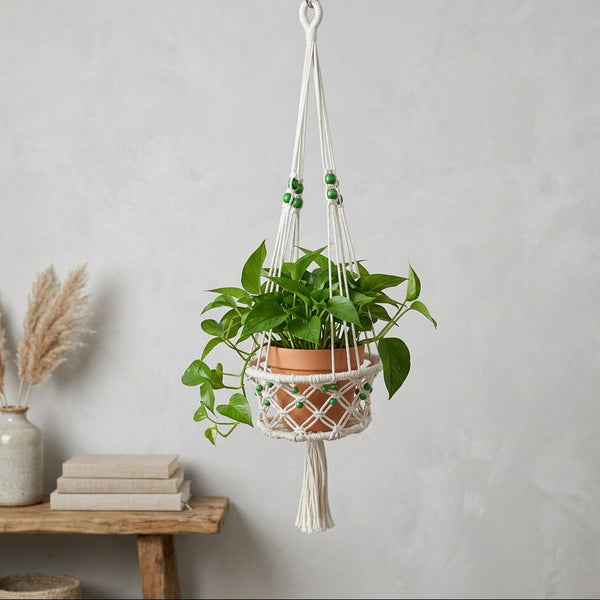 Macrame Pot Plant Hanger-Green Color Bead Pot Plant Hangers & Holders at World Of Decor NZ