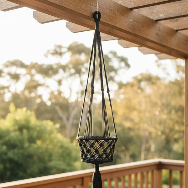 Macrame Pot Plant Hanger -Single Black 28cm Pot Plant Hangers & Holders at World Of Decor NZ