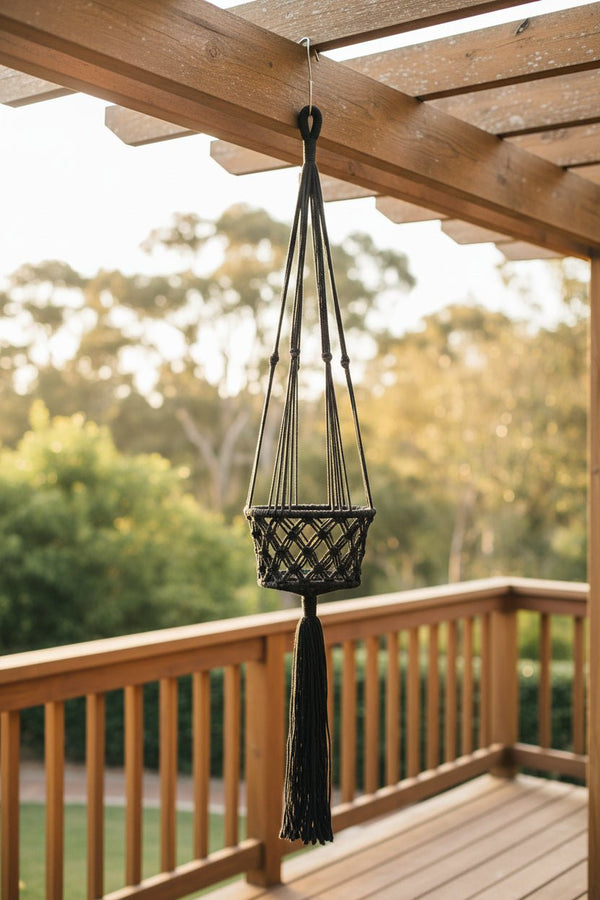 Macrame Pot Plant Hanger -Single Black 28cm Pot Plant Hangers & Holders at World Of Decor NZ