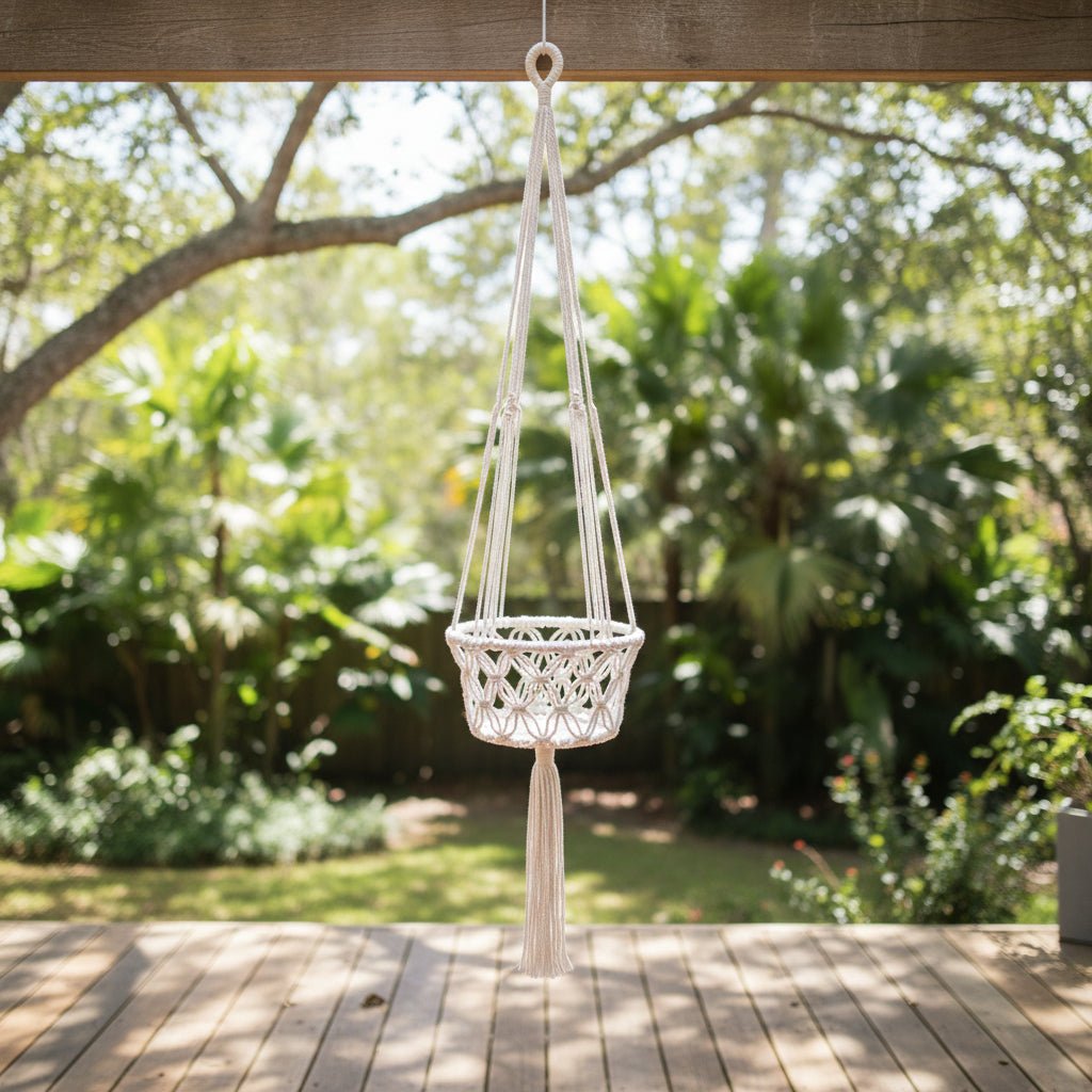 Macrame Pot Plant Hanger-Single White 28cm Pot Plant Hangers & Holders at World Of Decor NZ