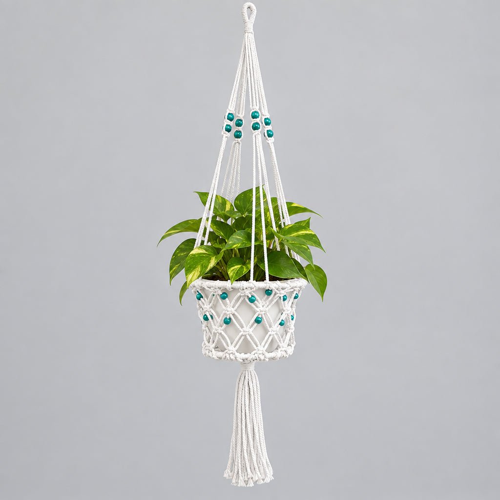 Macrame Pot Plant Hanger-Turquoise Color Bead Pot Plant Hangers & Holders at World Of Decor NZ