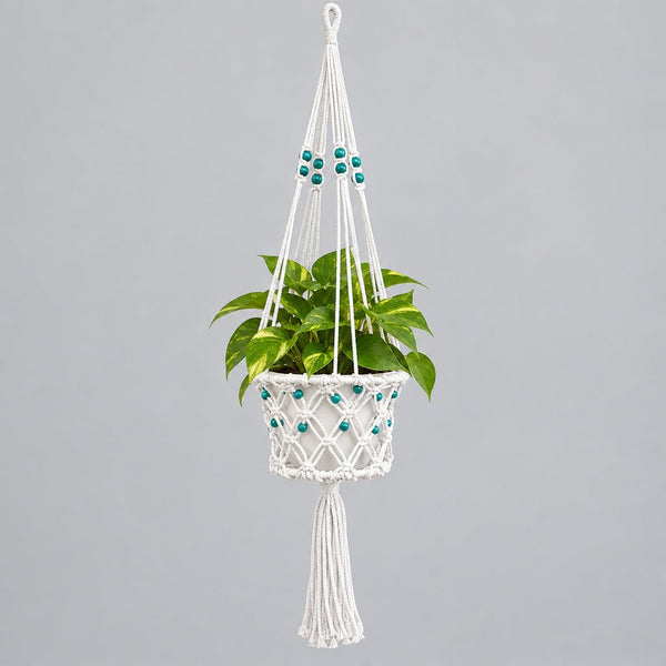 Macrame Pot Plant Hanger-Turquoise Color Bead Pot Plant Hangers & Holders at World Of Decor NZ