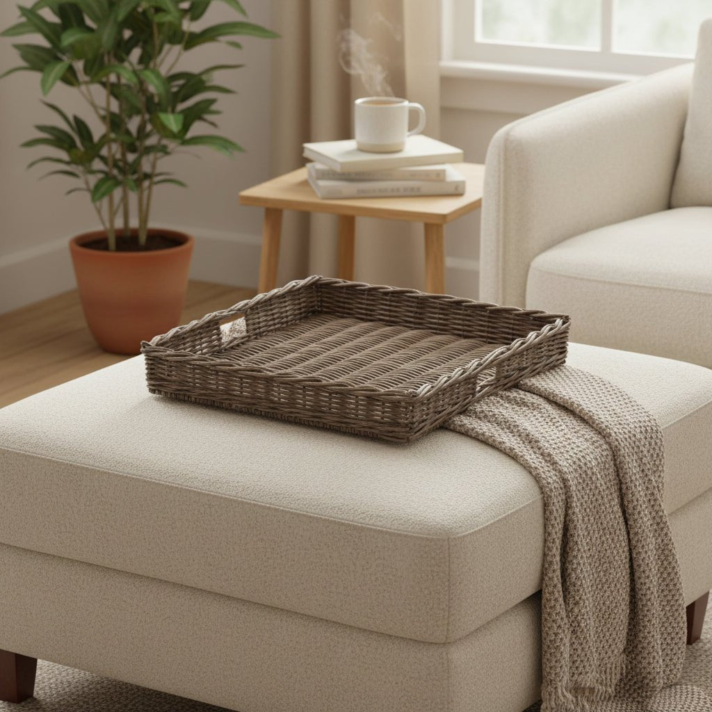 Ottoman Square Cane Trays Grey Color-Large Cane & Rattan at World Of Decor NZ
