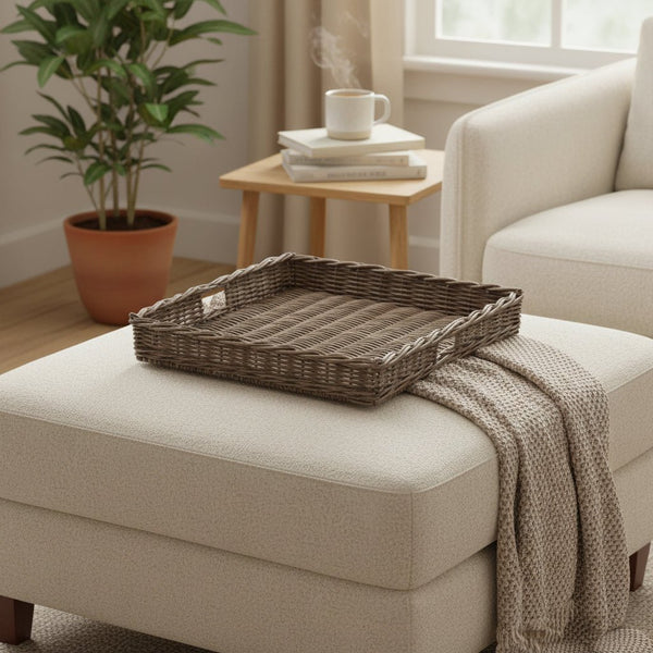 Ottoman Square Cane Trays Grey Color-Large Cane & Rattan at World Of Decor NZ