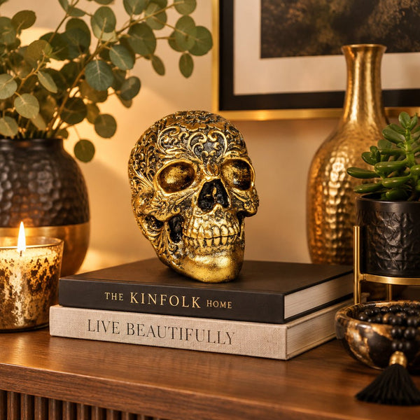 Skull 10cm-Black/Gold SCULPTURE/ORNAMENT & ANIMAL at World Of Decor NZ