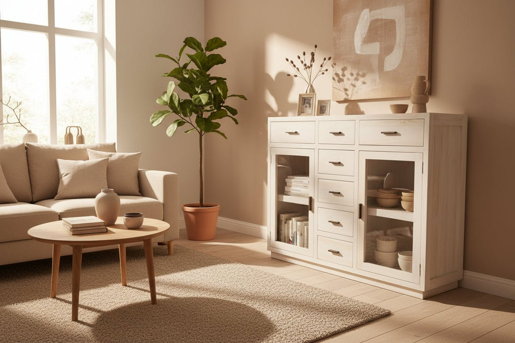 Teak Buffet 7 Drawers 2 Glass Doors - Whitewash BUFFET/SIDE BOARD at World Of Decor NZ