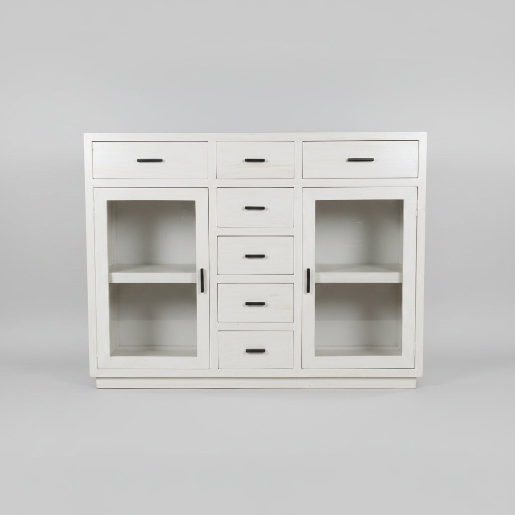 Teak Buffet 7 Drawers 2 Glass Doors - Whitewash BUFFET/SIDE BOARD at World Of Decor NZ