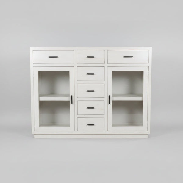 Teak Buffet 7 Drawers 2 Glass Doors - Whitewash BUFFET/SIDE BOARD at World Of Decor NZ