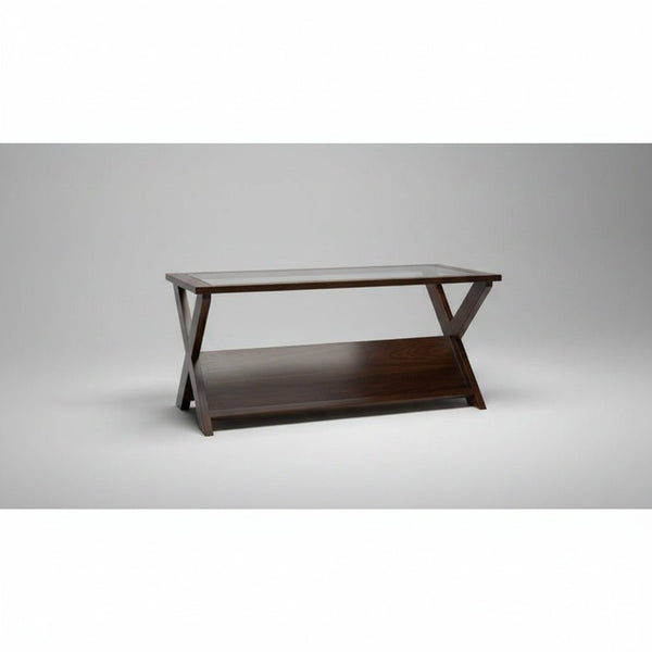 Teak Glass Top Coffee Table with Built-In Magazine Rack - Dark Brown COFFEE TABLE at World Of Decor NZ