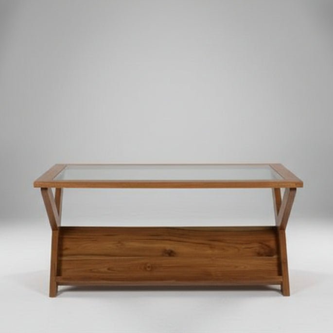 Teak Glass Top Coffee Table with Built-In Magazine Rack - Natural COFFEE TABLE at World Of Decor NZ