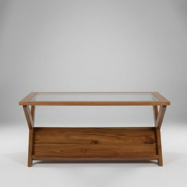 Teak Glass Top Coffee Table with Built-In Magazine Rack - Natural COFFEE TABLE at World Of Decor NZ