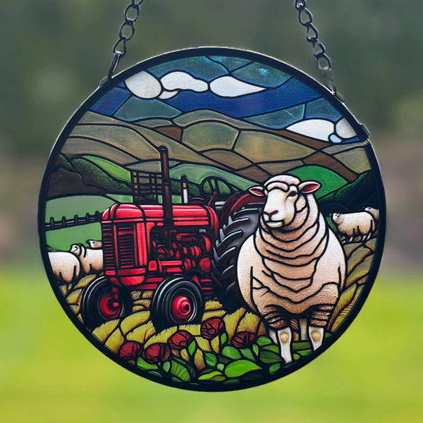 Tractor & Sheep Stained Glass Hanger 11.5cm Wall Art, Affirmations & Hangings at World Of Decor NZ