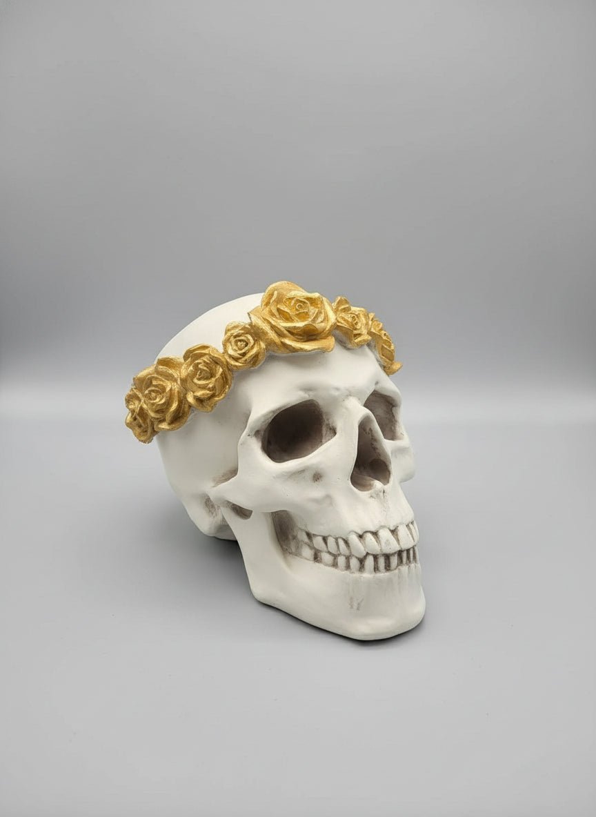White Skull with Gold Roses Poly Resin Figurines & Animals at World Of Decor NZ