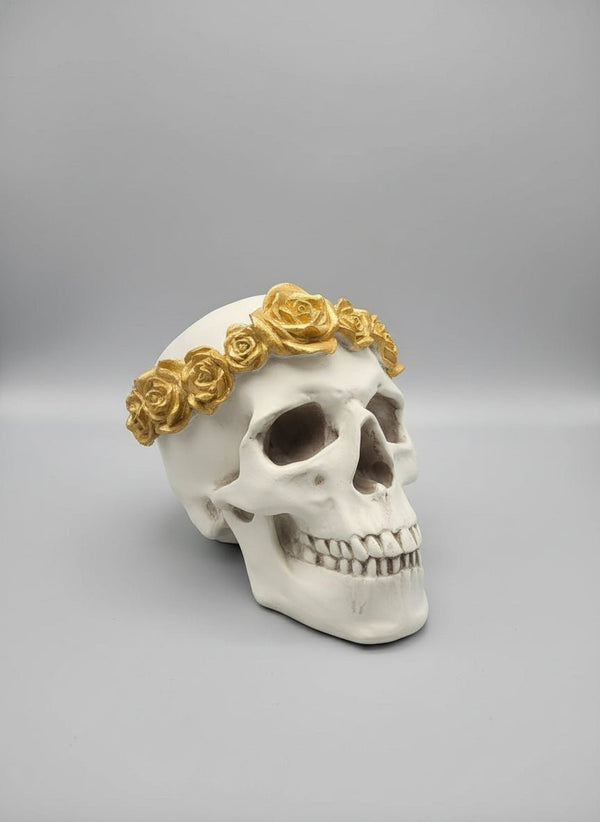 White Skull with Gold Roses Poly Resin Figurines & Animals at World Of Decor NZ