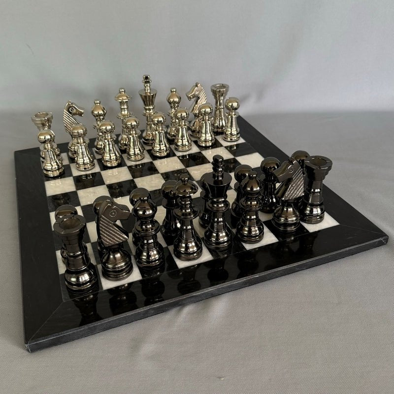 White/Black Marble Chess Board 40cm Aluminum Men Game at World Of Decor NZ