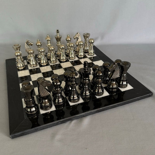 White/Black Marble Chess Board 40cm Aluminum Men Game at World Of Decor NZ