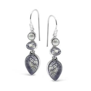 Tourmalated & Clear Quartz String Silver Earrings 4.5cm Drop EARRING at World Of Decor NZ