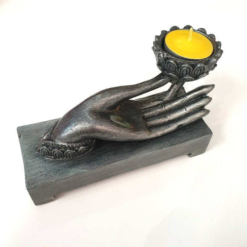 Buddha Hand Tealight Holder - Silver Candle,Tealight & Incense Holders at World Of Decor NZ