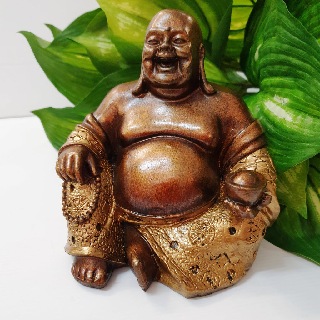 Happy Buddha Holding Ingot Poly Resin Buddhas at World Of Decor NZ
