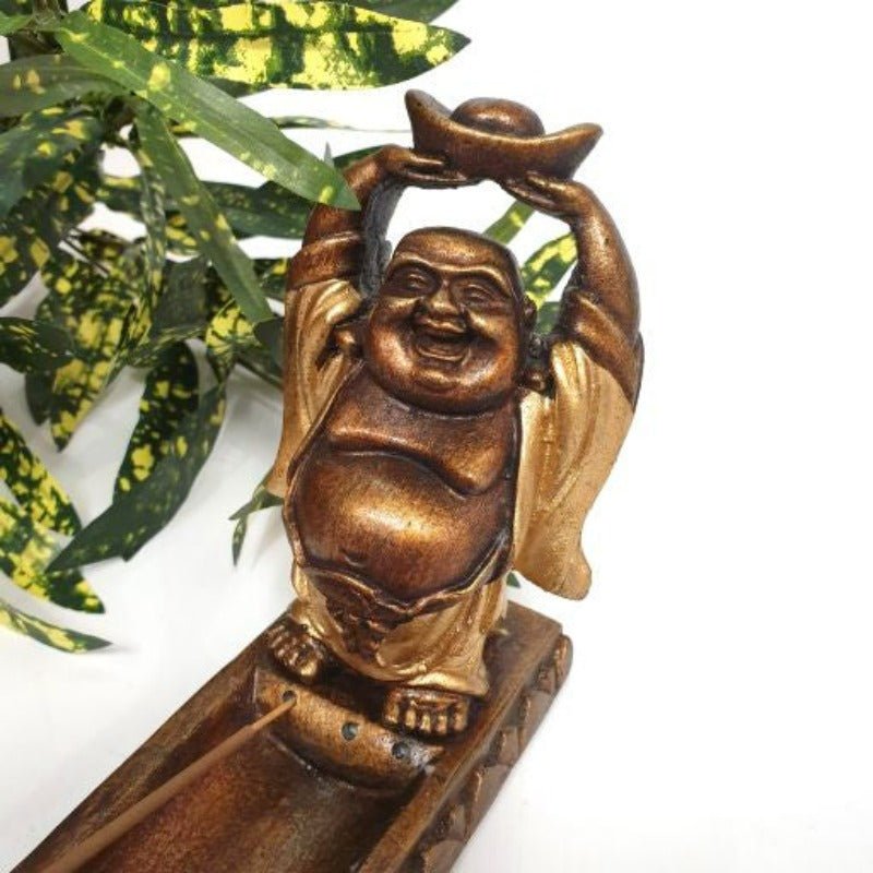 Laughing Buddha with A Gold Ingot Incense & Tealight Candle Holder at World Of Decor NZ