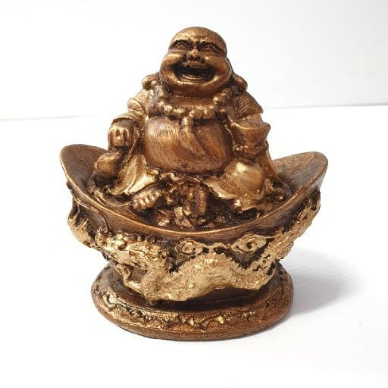 Happy Wealth Buddha On Ingot Base-Gold at World Of Decor NZ