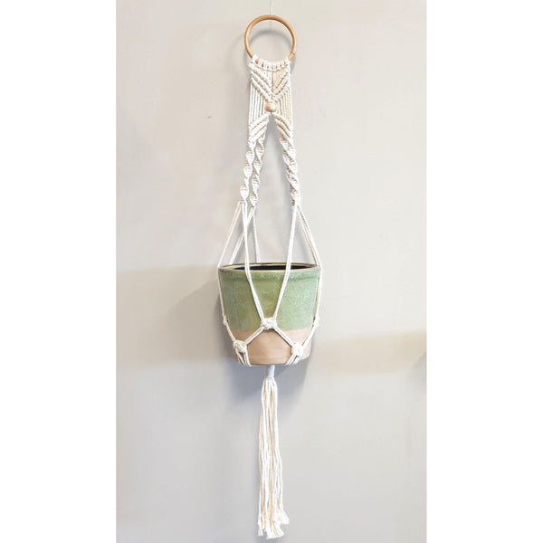 Macrame Pot Plant Holder with Round Rattan Handle at World Of Decor NZ