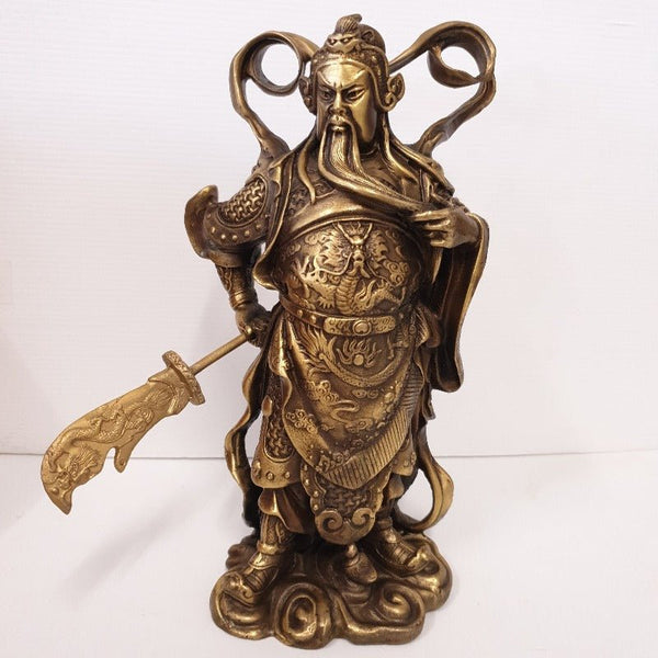 Brass Guan Gong/Kuan Kong Statue Standing with Dragon Sword 23cm at World Of Decor NZ